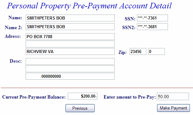 Account detail example screen
