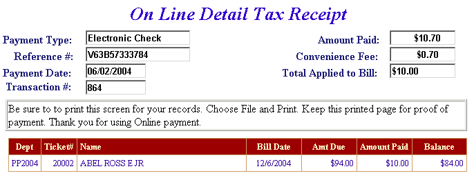 Receipt example screen