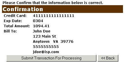 Submit transaction example screen