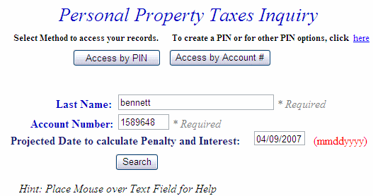 Search by account number example screen