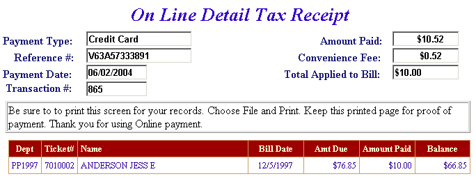 Receipt example screen
