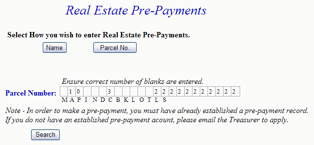 Search by parcel number example screen
